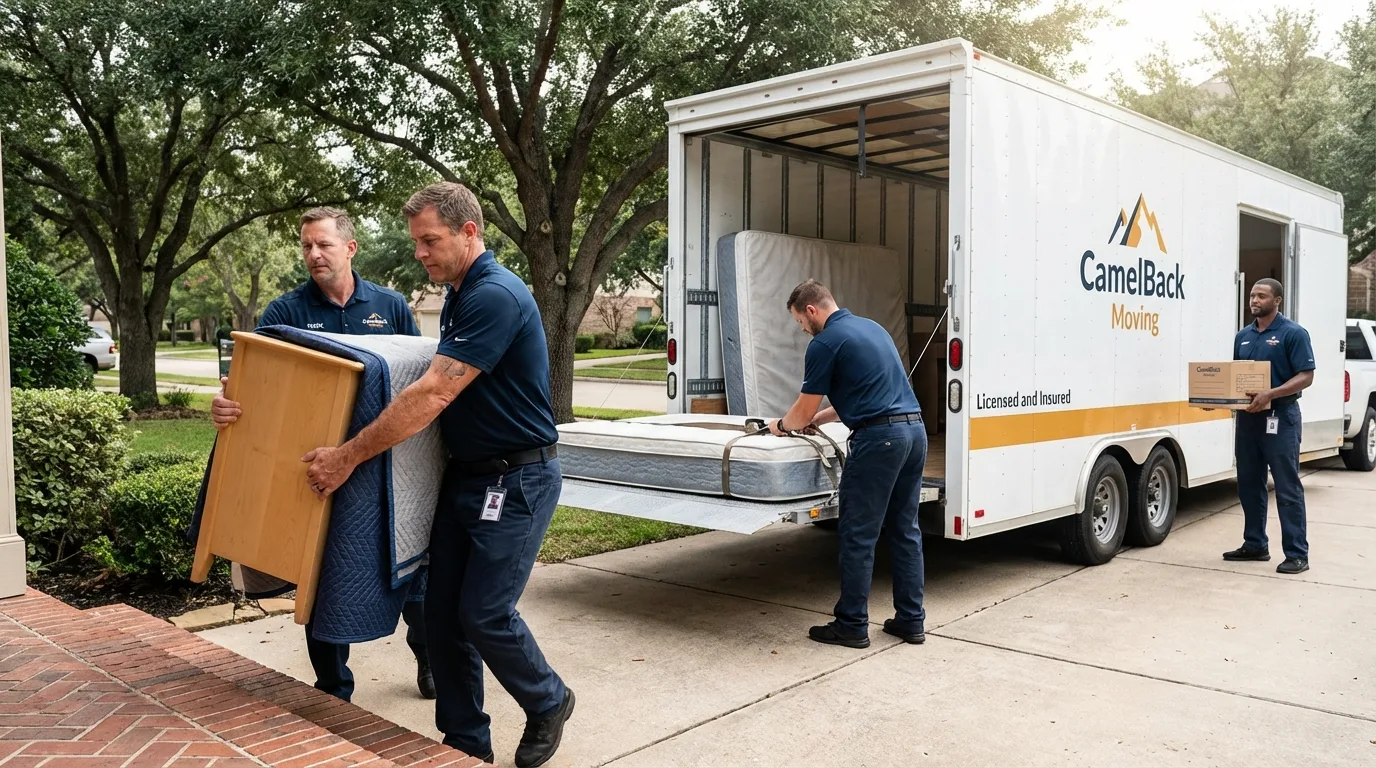 Crew loading residential truck for cross-state move from Turlock, CA