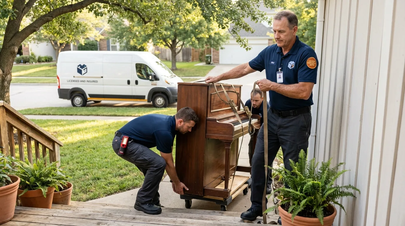 Licensed piano movers securing grand piano in Turlock, CA