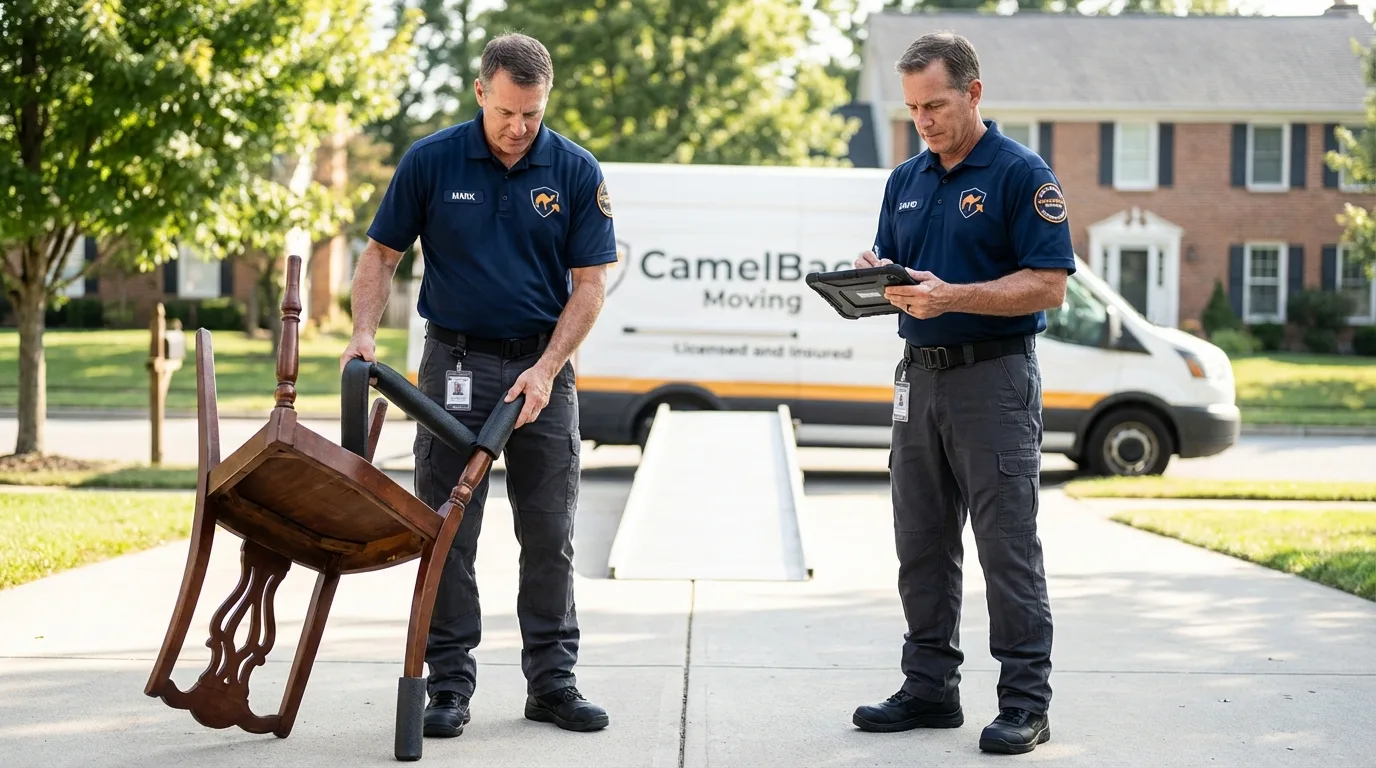 Movers inspecting furniture for damage prevention before loading in Turlock, CA