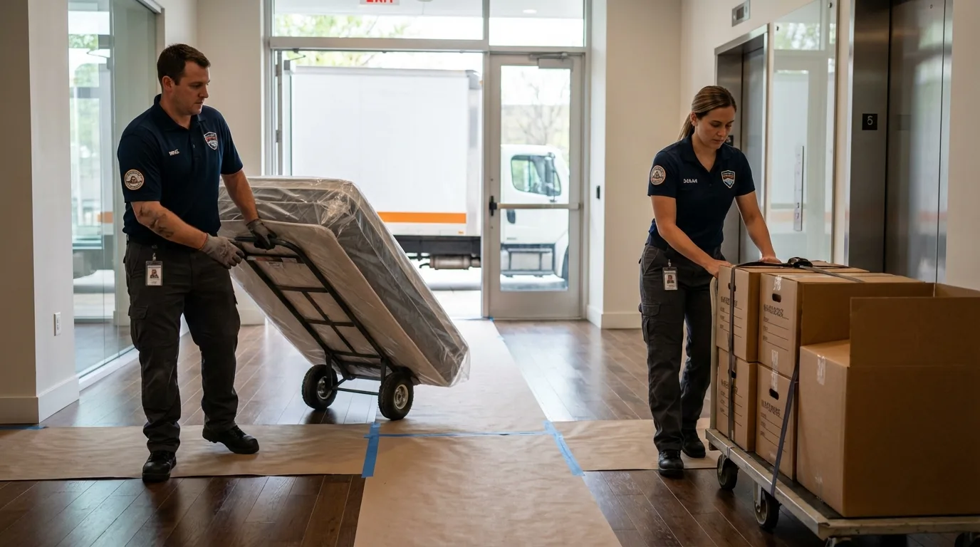 Professional apartment movers loading elevator in Turlock, CA